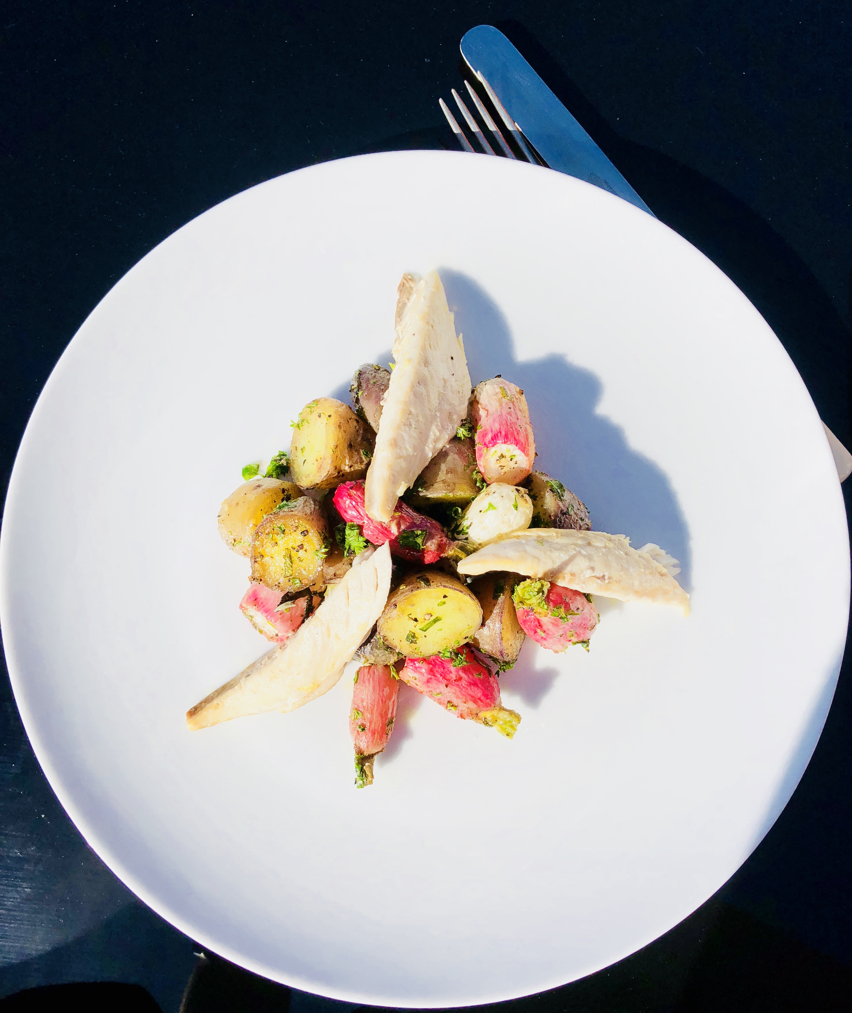 Pan Fried Mackerel with Roasted Radishes & Shetland Black Potatoes